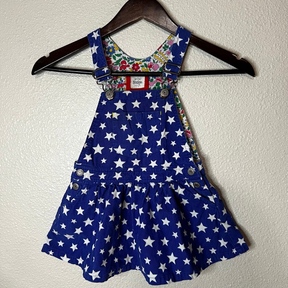 Mini Boden blue corduroy white star dungaree dress floral lining 2-3y